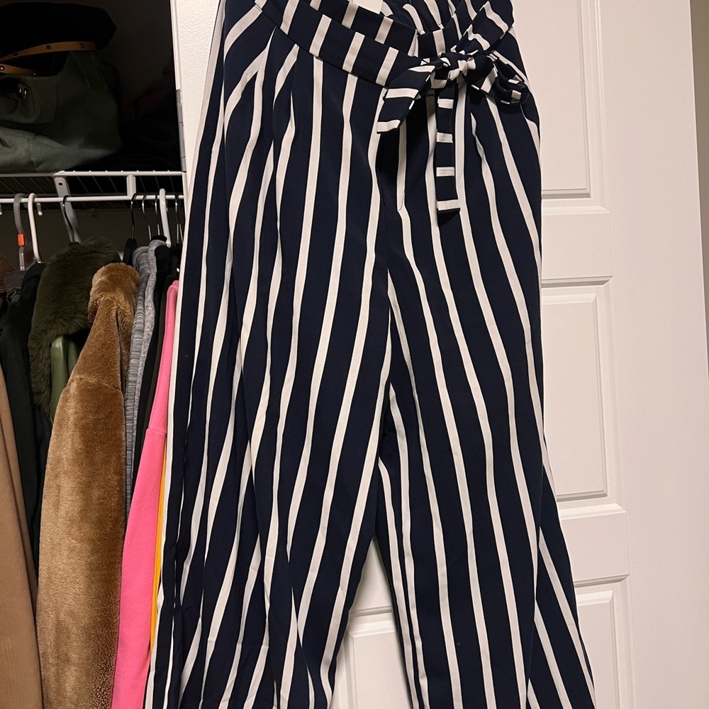 Zara Navy and White Vertical-Striped Wide-Leg Pants